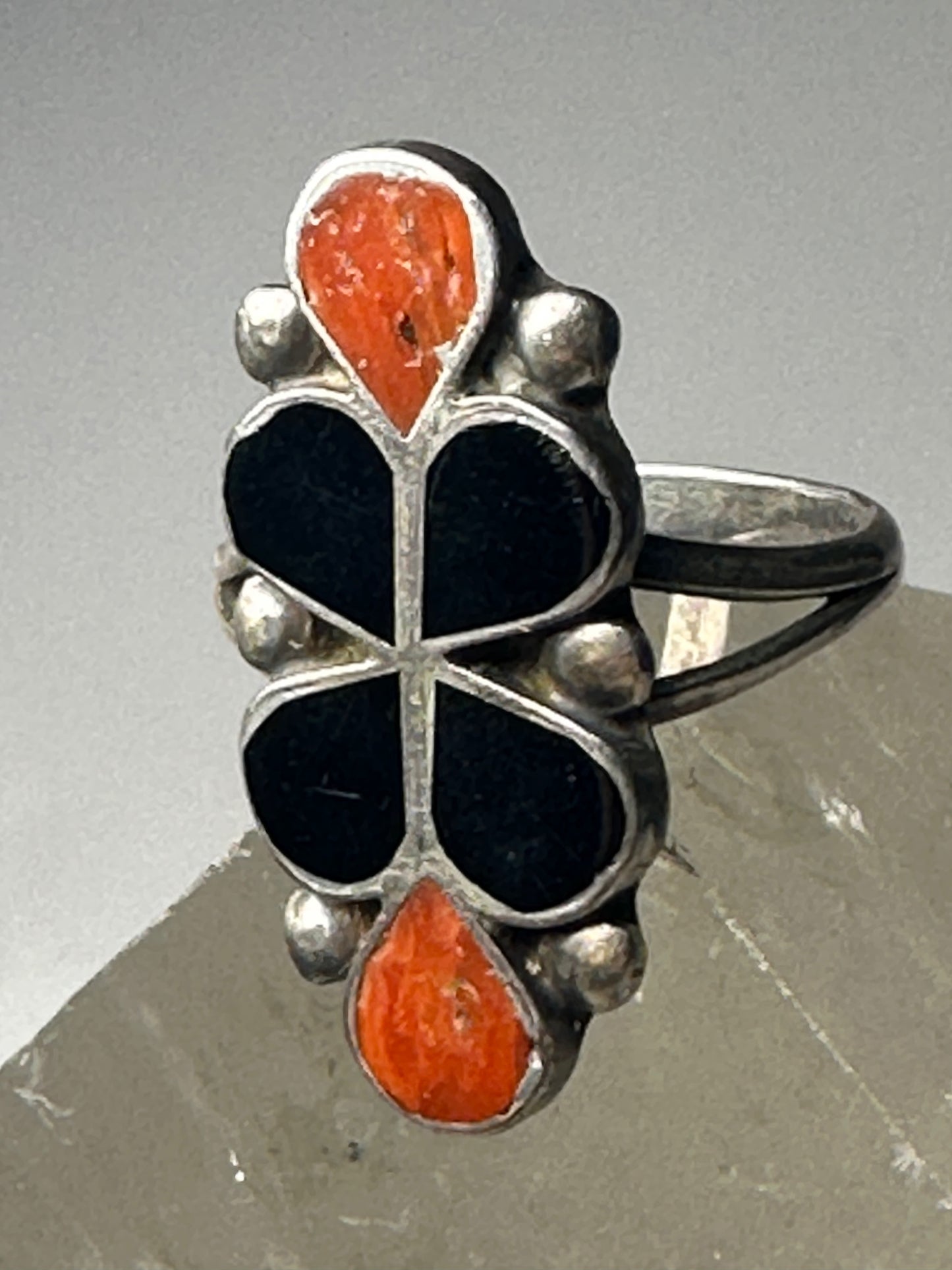 Long floral ring size 7.25 southwest onyx coral sterling silver women girls