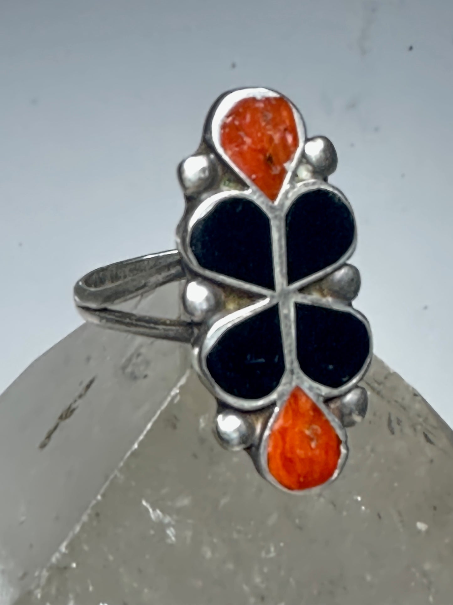 Long floral ring size 7.25 southwest onyx coral sterling silver women girls