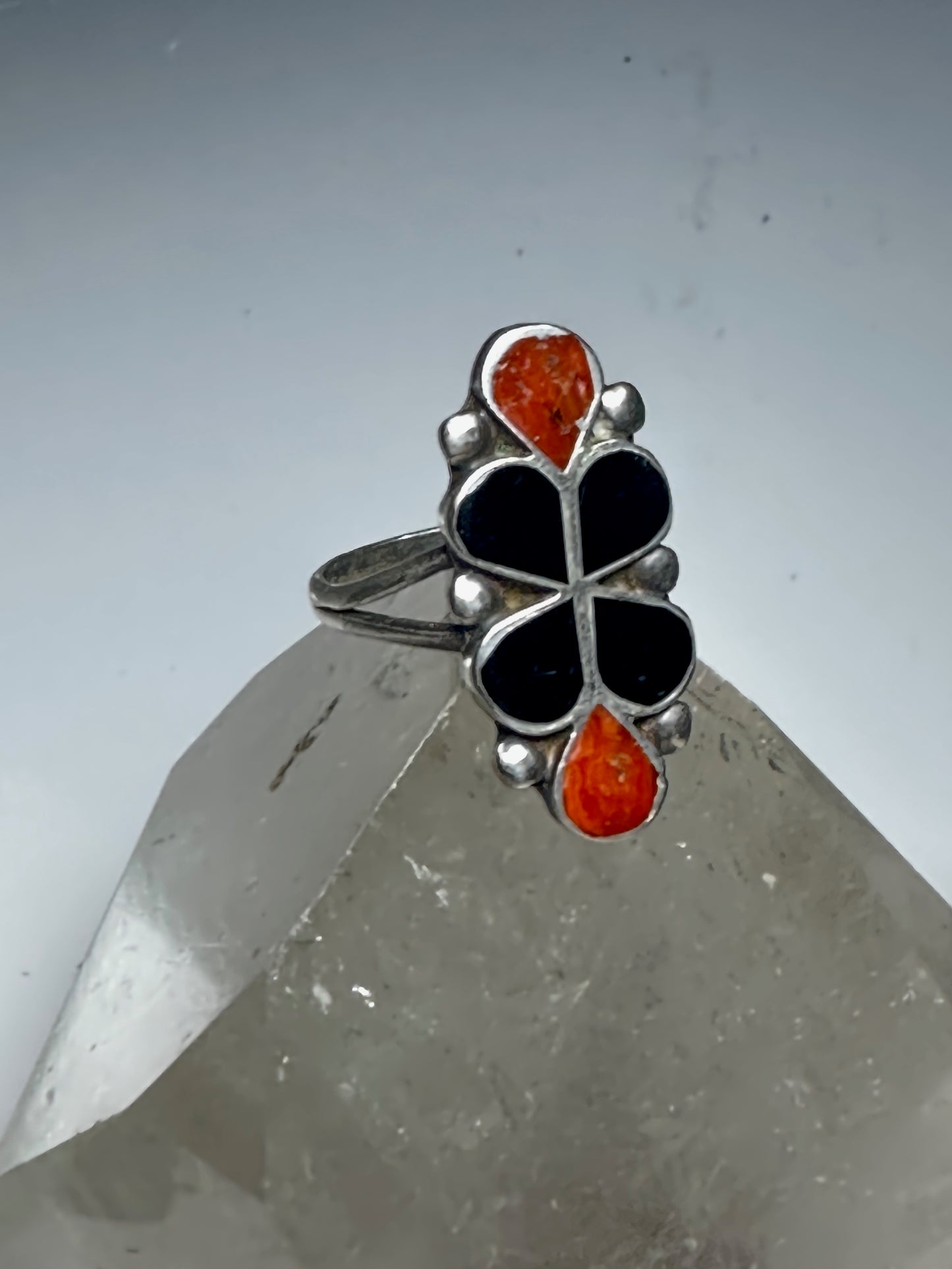 Long floral ring size 7.25 southwest onyx coral sterling silver women girls