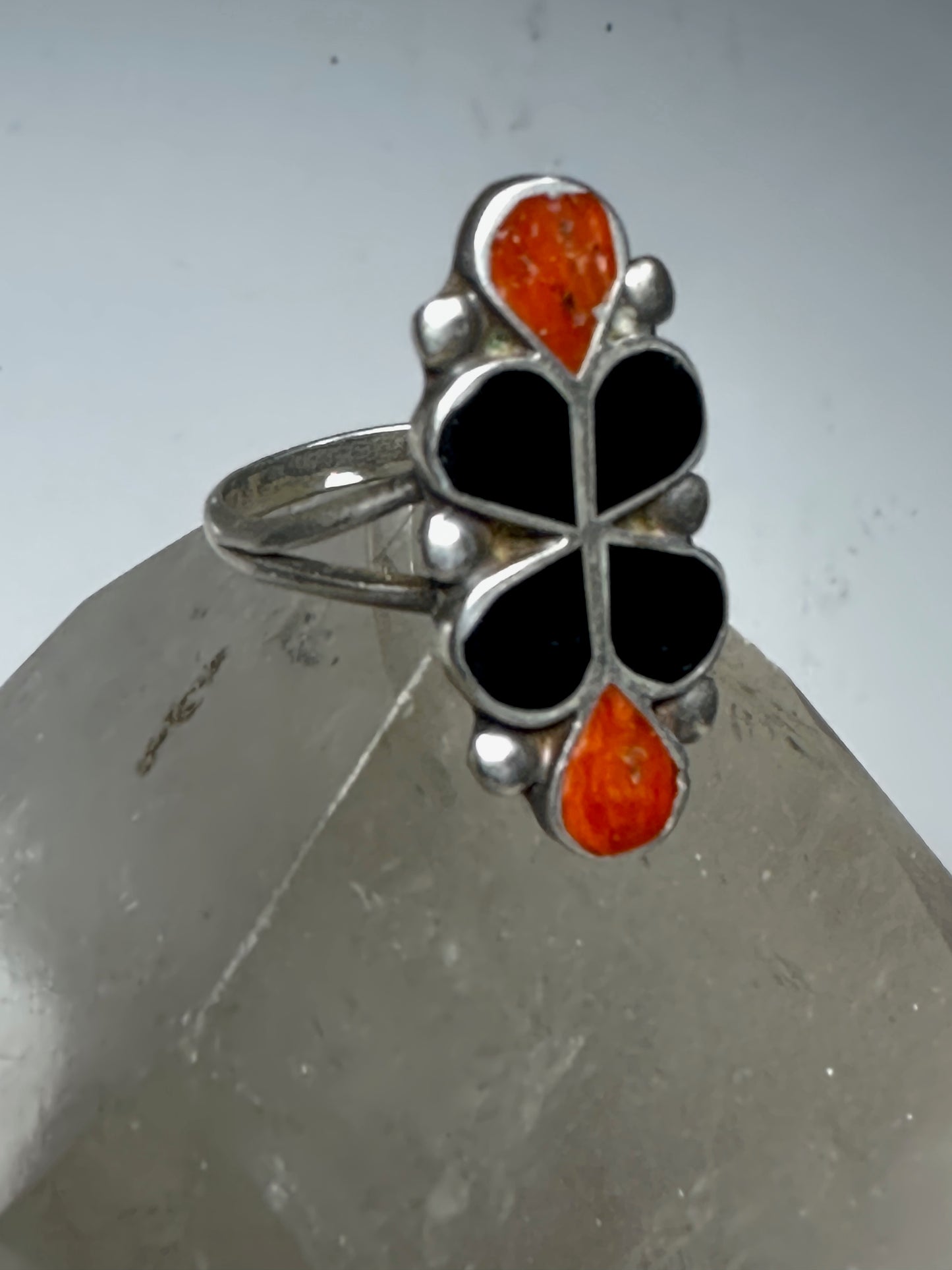 Long floral ring size 7.25 southwest onyx coral sterling silver women girls