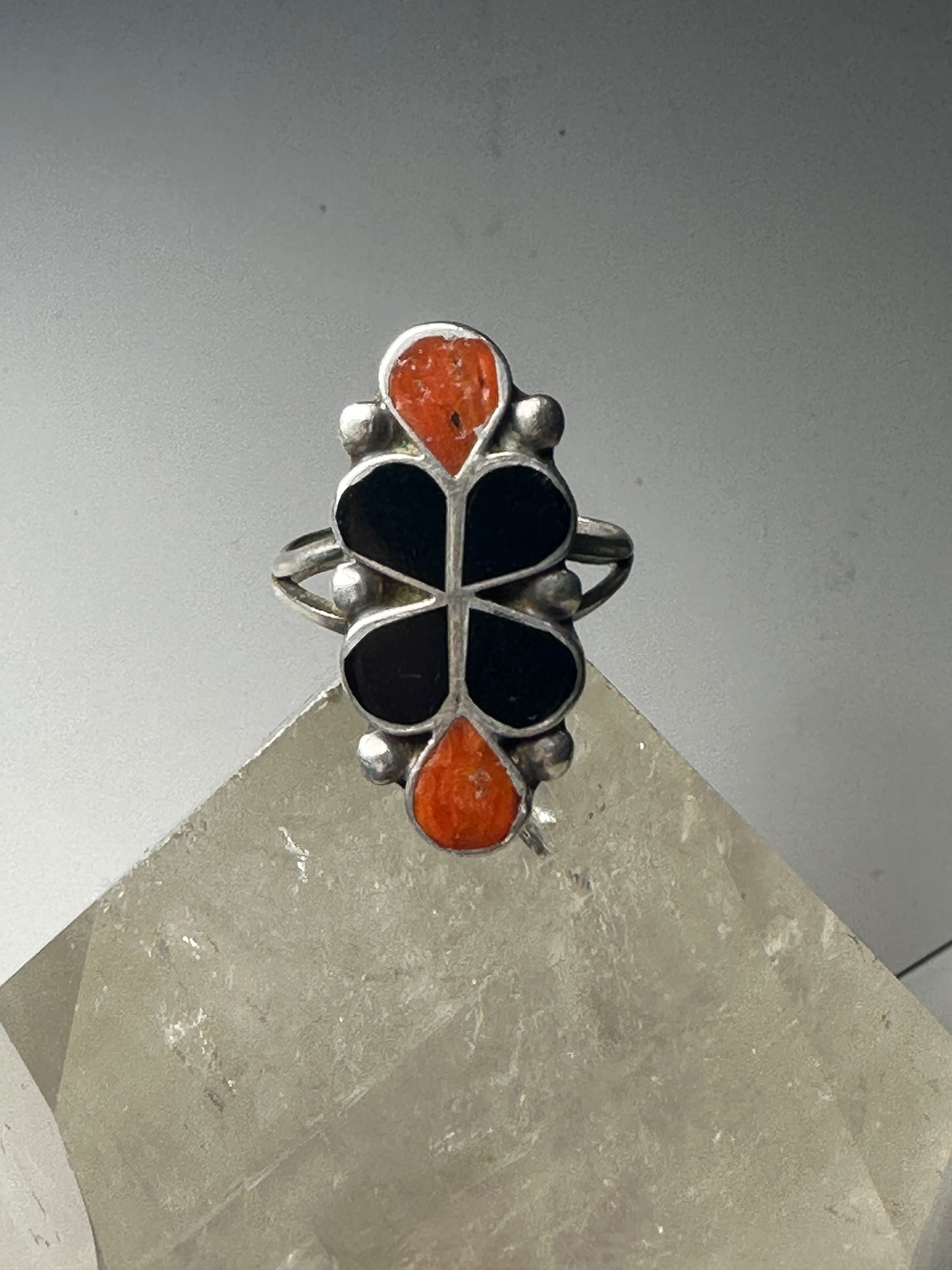 Long floral ring size 7.25 southwest onyx coral sterling silver women girls