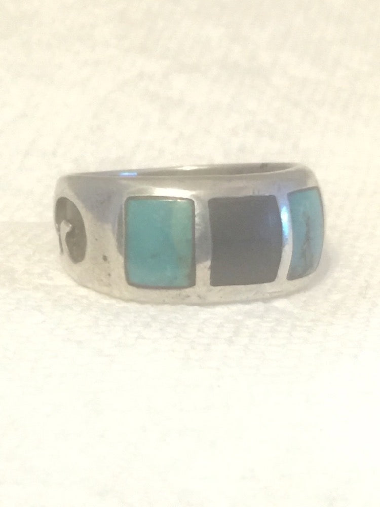 Vintage Sterling Silver Southwest Turquoise Onyx Band Ring  Solid Heavy Band  Size 9  Weight 6g