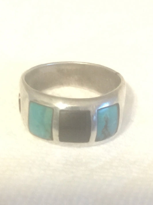 Vintage Sterling Silver Southwest Turquoise Onyx Band Ring  Solid Heavy Band  Size 9  Weight 6g