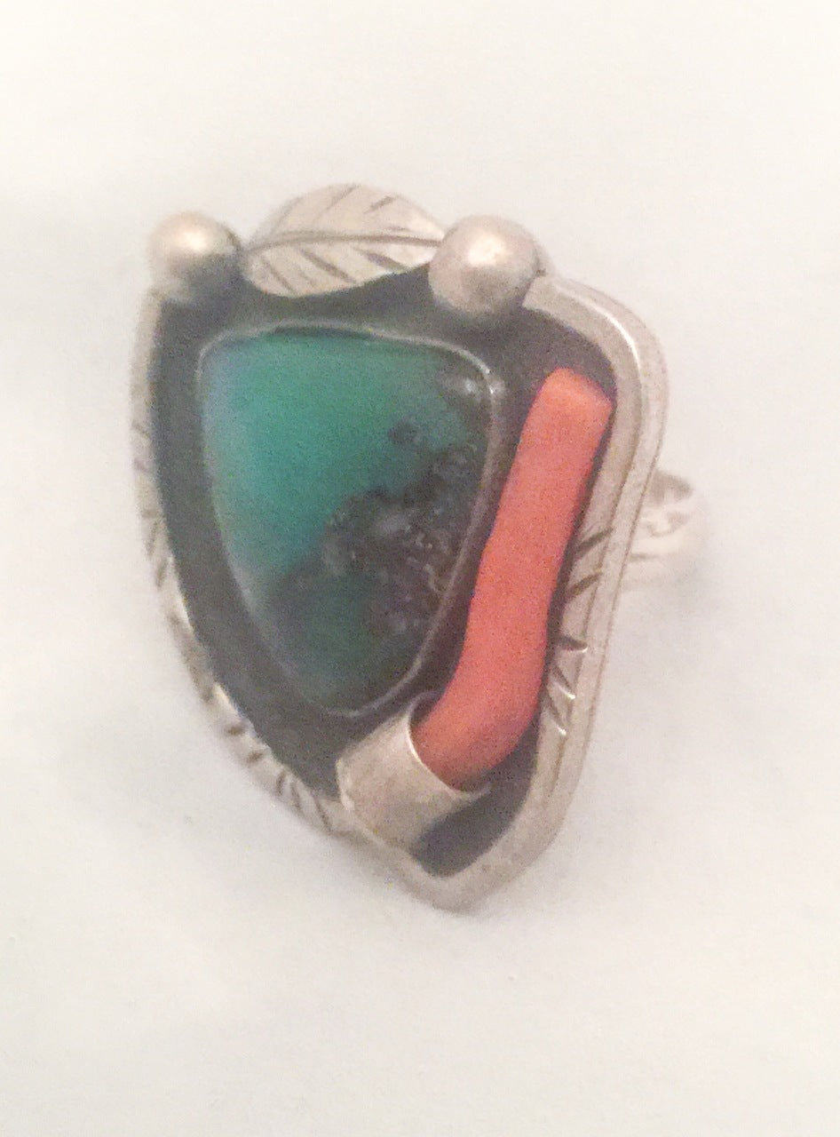 Vintage Sterling Silver Turquoise Southwestern Tribal Ring  Plus Coral  Size 7 11.4g