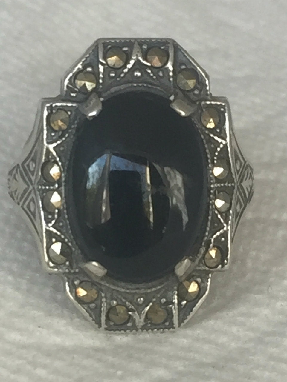 Vintage Sterling Silver Art Deco Onyx & Marcasite Ring Pinky  Size           5.25 Weight         4g Length         7/8" Width           1/2"