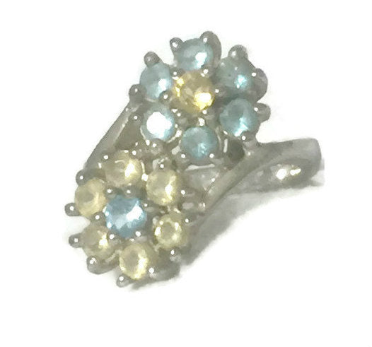 Flower Vintage Sterling Silver Cocktail Ring  Blue Yellow  Size 5.50