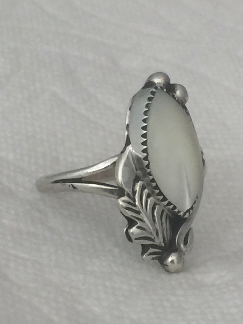 VINTAGE Native American Made Mother of Pearl Ring with Superior Silver Work  Size 7+