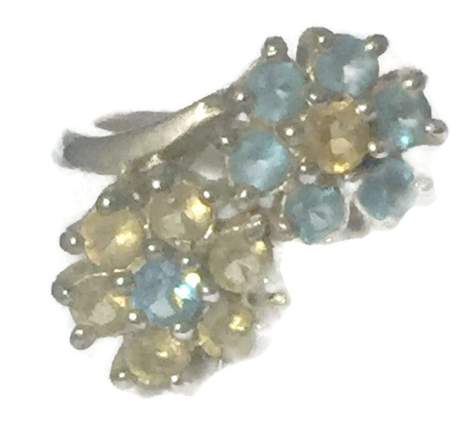 Flower Vintage Sterling Silver Cocktail Ring  Blue Yellow  Size 5.50