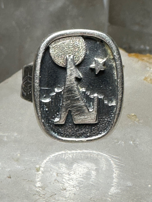 Wolf ring howling at the moon star Navajo band size 9 sterling silver women men