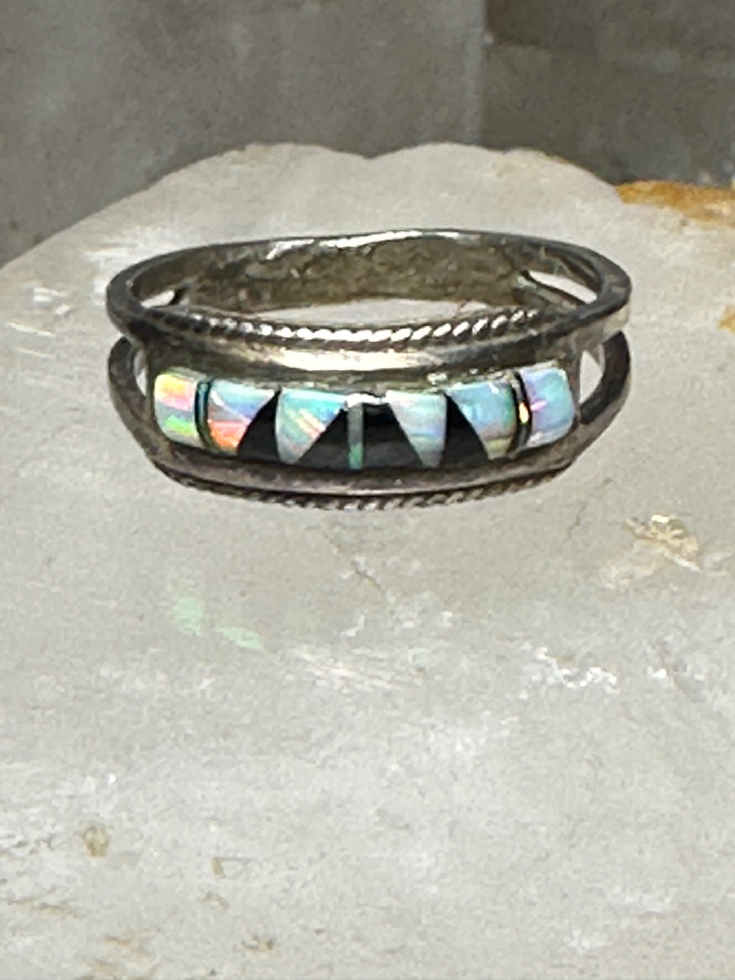 Lab Opal ring onyx band southwest size 7.25 sterling silver women girls