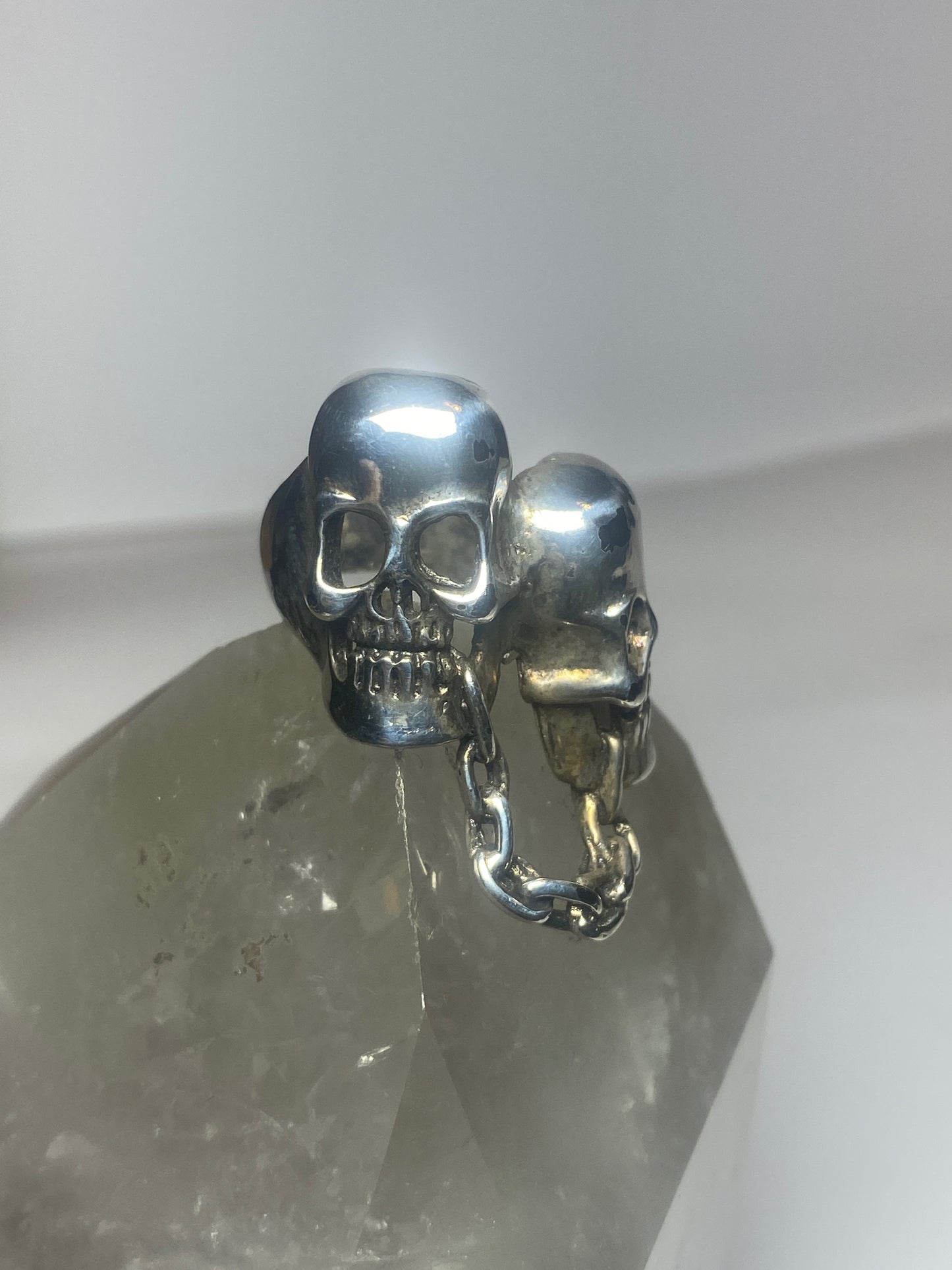 Skull ring double skulls chain biker sterling silver women men