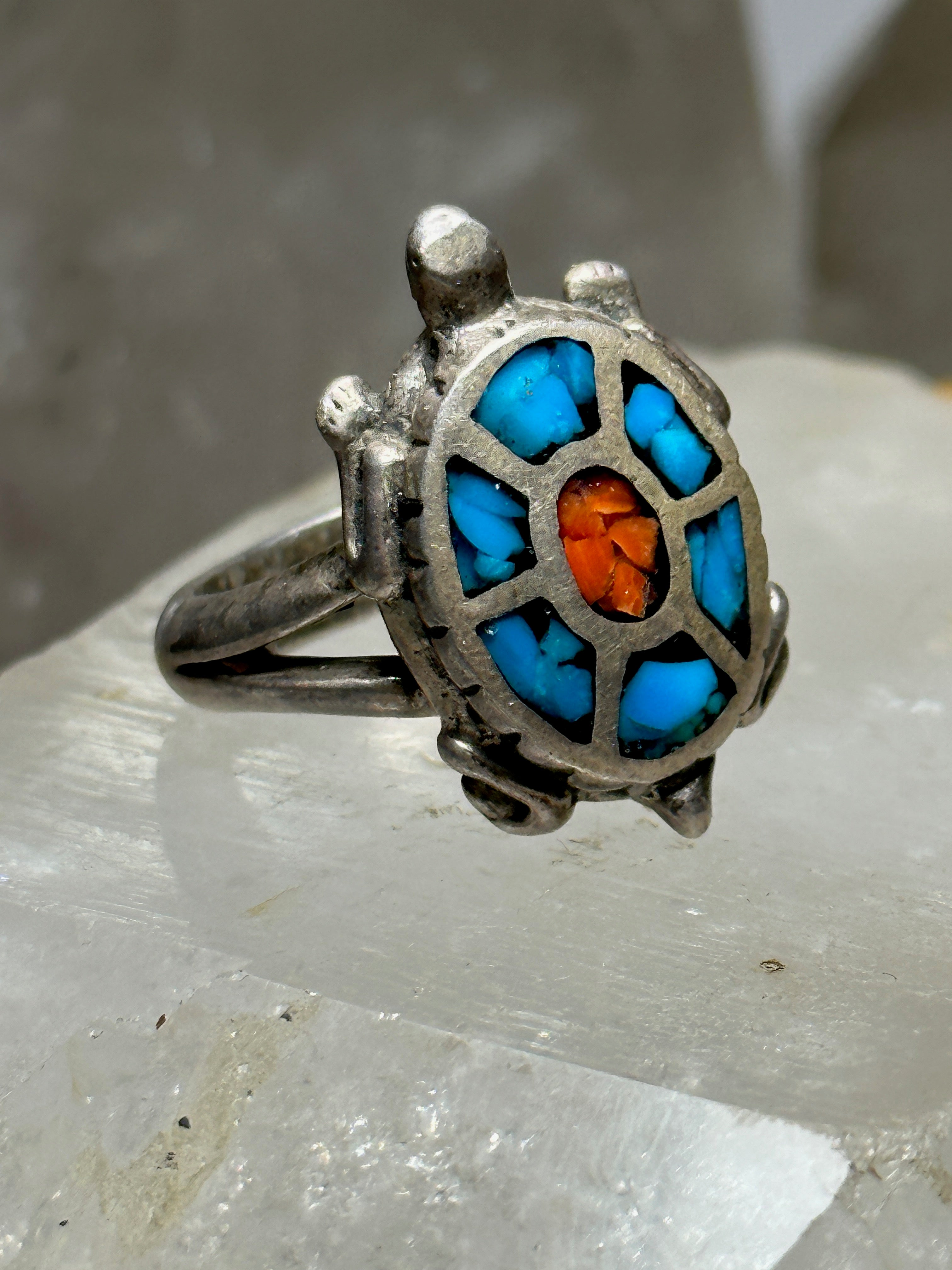 Navajo ring turtle turquoise coral band size 10.75 sterling silver