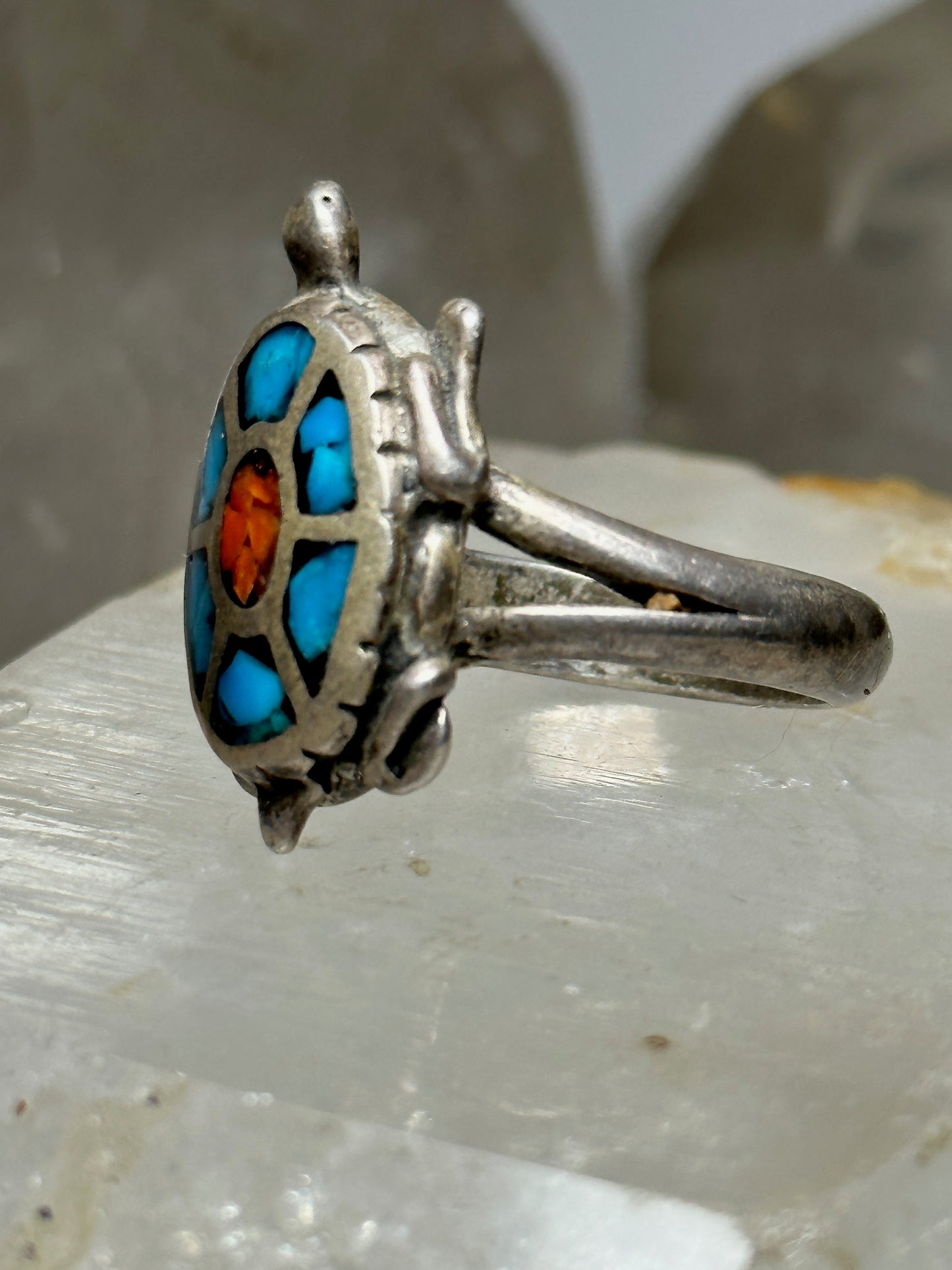 Navajo ring turtle turquoise coral band size 10.75 sterling silver women men