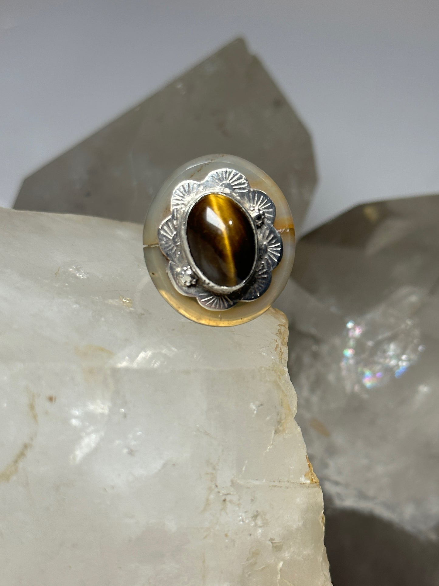 Tiger Eye ring Floral agate  band size 7.50 sterling silver women