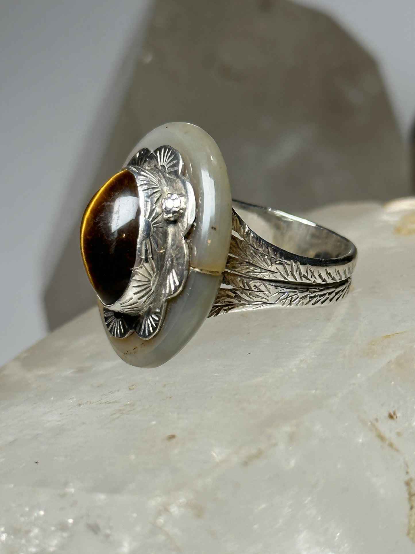 Tiger Eye ring Floral agate  band size 7.50 sterling silver women