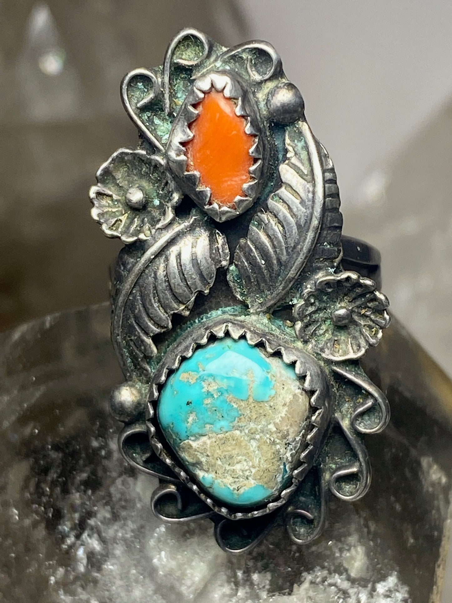 Coral ring turquoise size 6.50 Navajo  sterling silver women girls