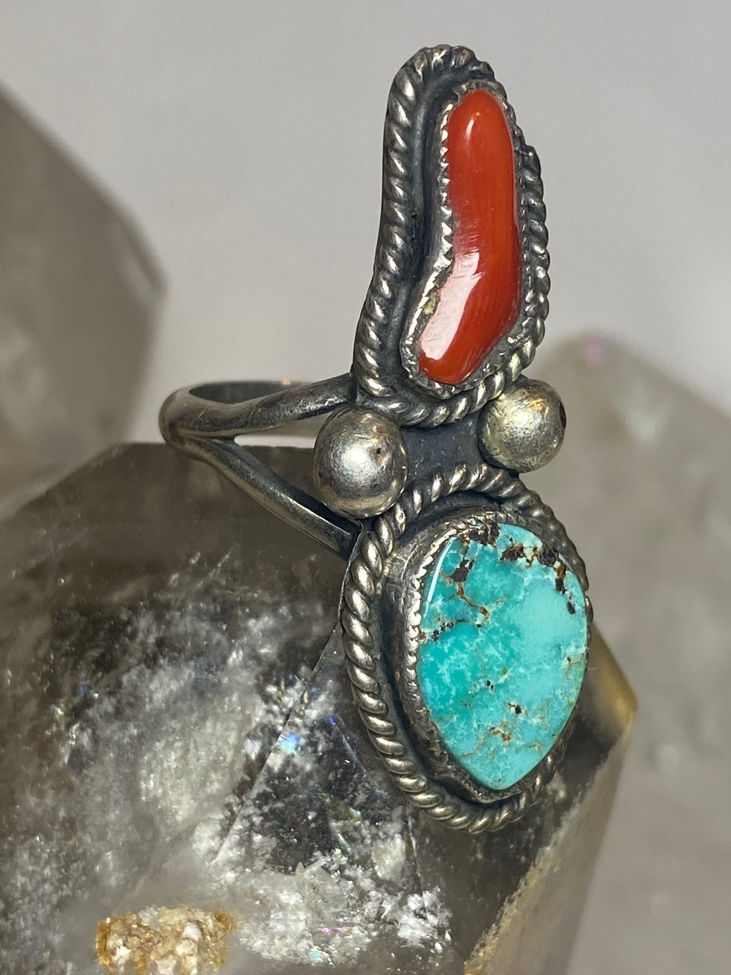 Turquoise ring coral size 5 Navajo feathers sterling silver women