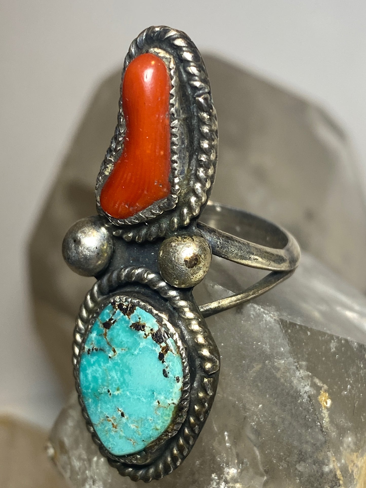 Turquoise ring coral size 5 Navajo feathers sterling silver women