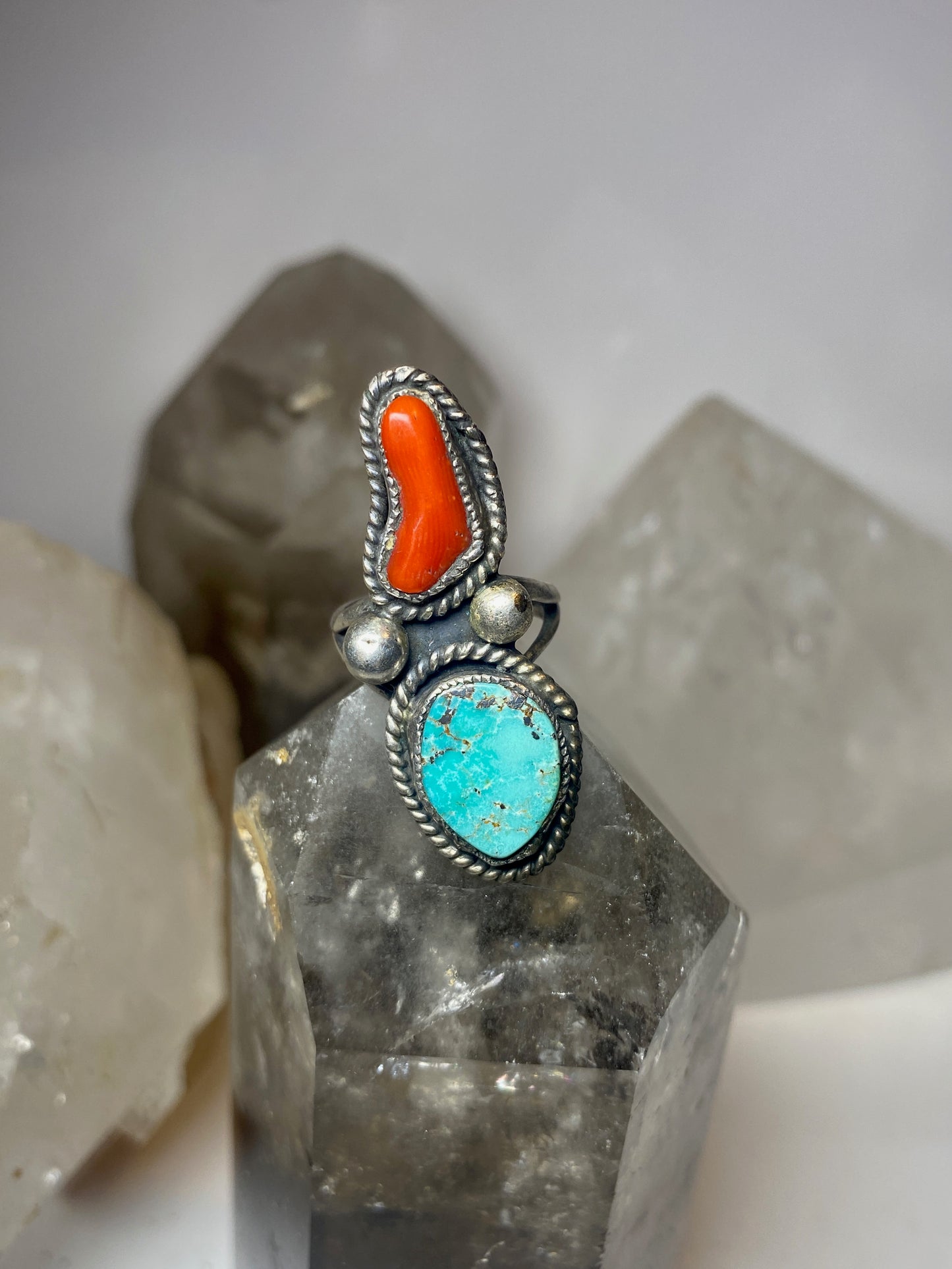 Turquoise ring coral size 5 Navajo feathers sterling silver women