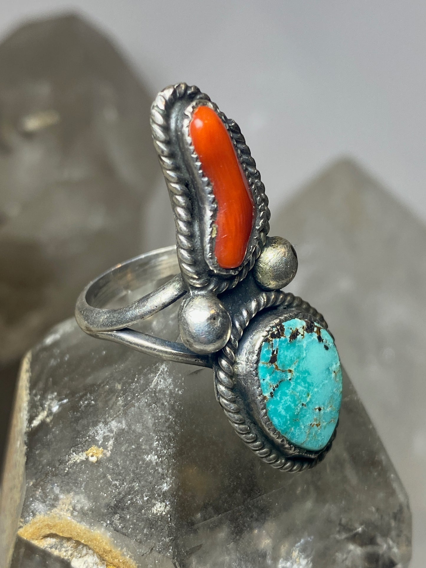 Turquoise ring coral size 5 Navajo feathers sterling silver women