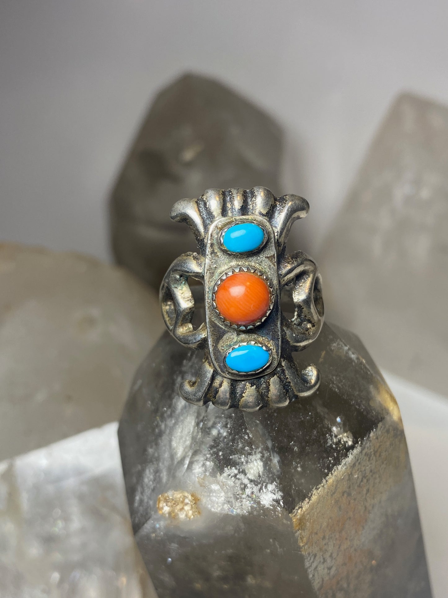 Turquoise ring coral size 7 sand cast Navajo sterling silver women