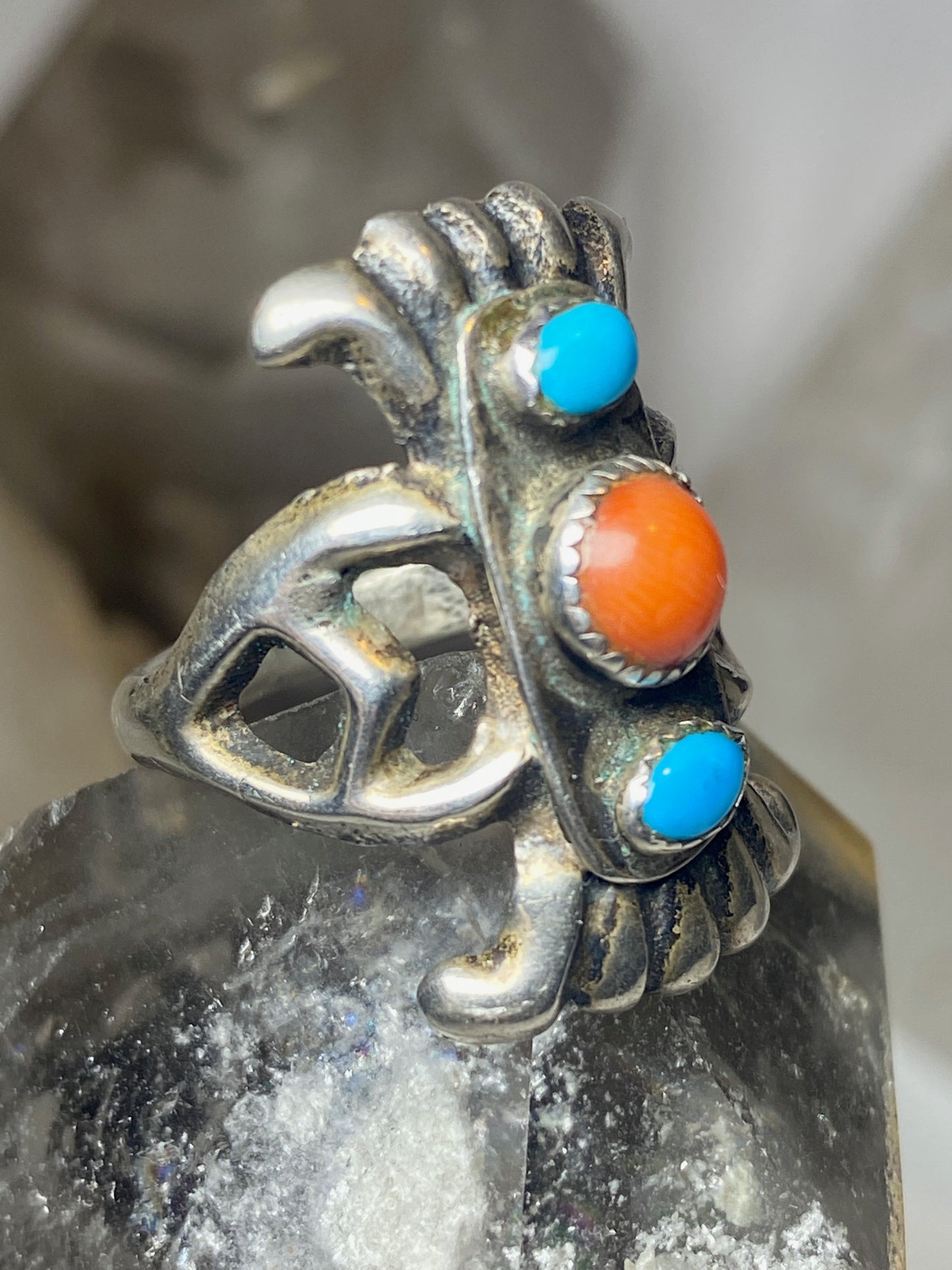 Turquoise ring coral size 7 sand cast Navajo sterling silver women