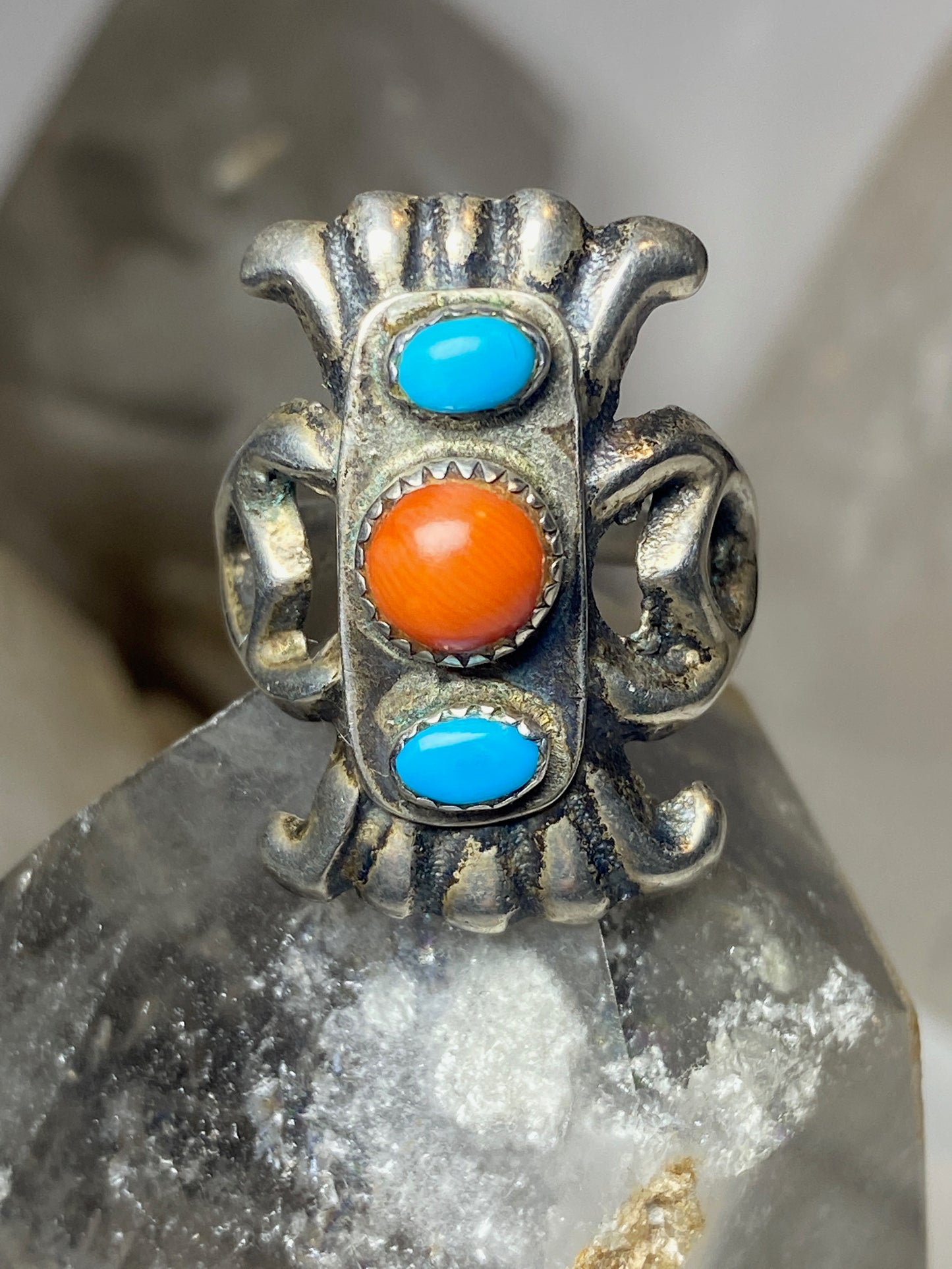 Turquoise ring coral size 7 sand cast Navajo sterling silver women