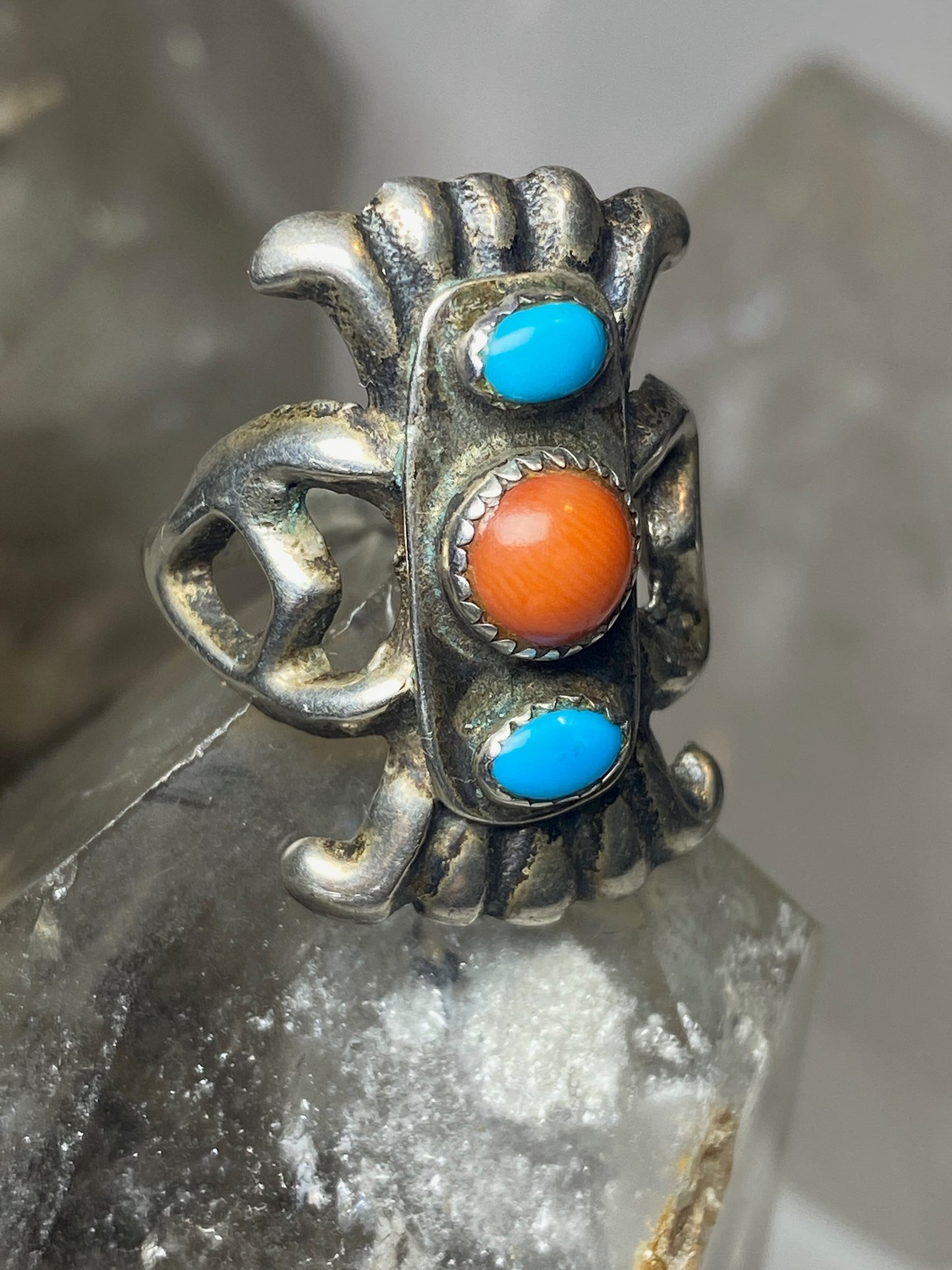 Turquoise ring coral size 7 sand cast Navajo sterling silver women