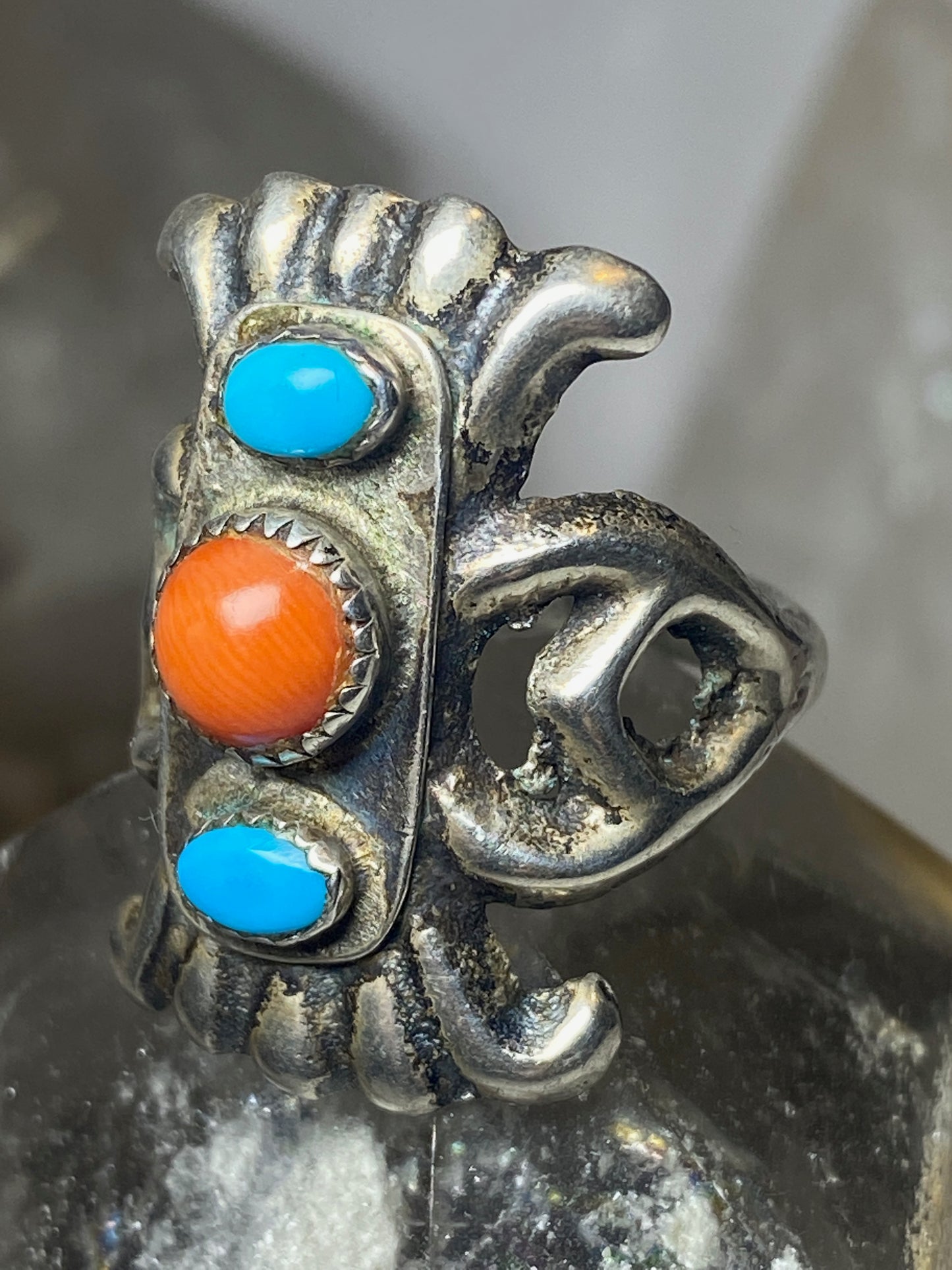 Turquoise ring coral size 7 sand cast Navajo sterling silver women