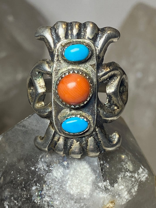 Turquoise ring coral size 7 sand cast Navajo sterling silver women