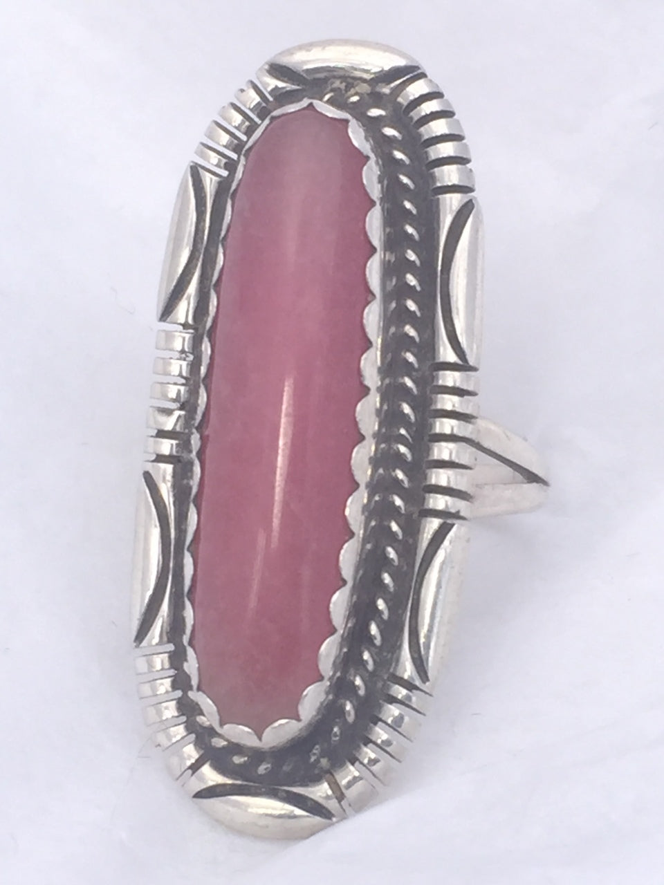 Vintage Sterling Silver Southwest Tribal Long Ring  Peachy Pink  Size 7  8.1g
