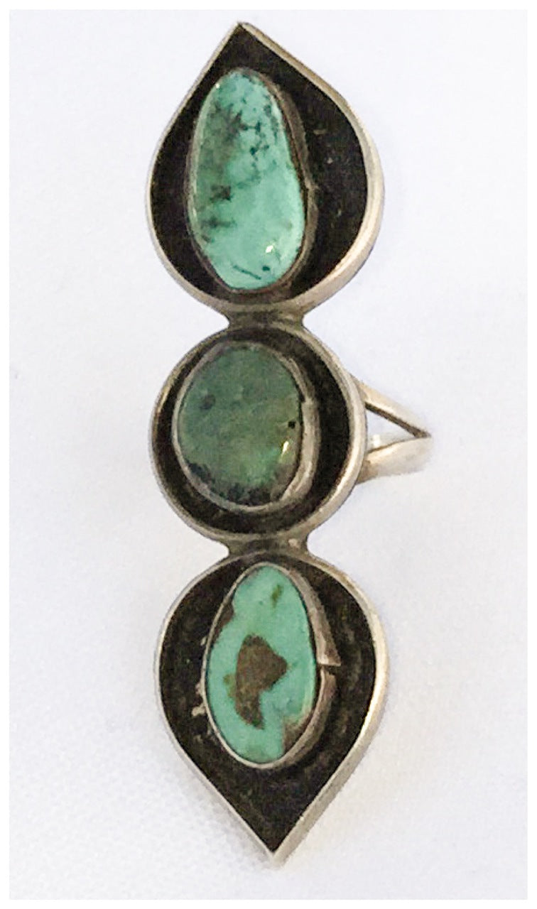 Long Turquoise Ring Navajo Sterling Silver Ring Size  6 3/4 Vintage
