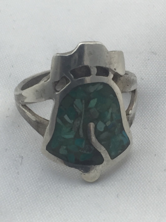 Vintage Sterling Silver Southwest Tribal Liberty Bell Ring Turquoise Chips  Size  5.75  4.6g