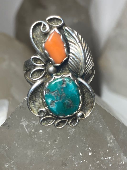 Turquoise ring Size 7 coral Navajo flower sterling silver