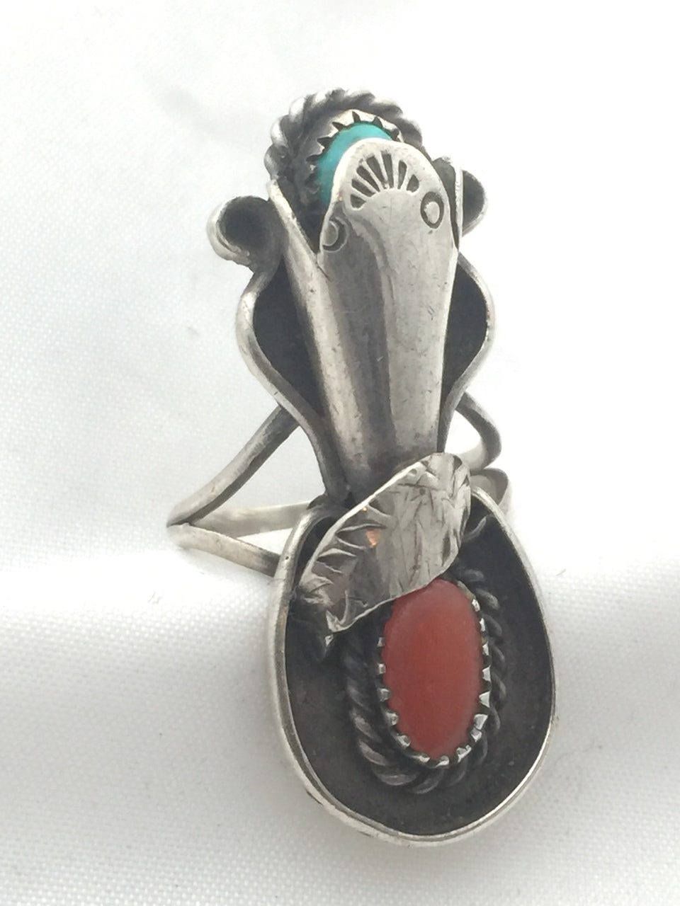 Vintage Sterling Silver Ring  Southwest Tribal Turquoise & Coral Feather Flower  Size 5   7.6g