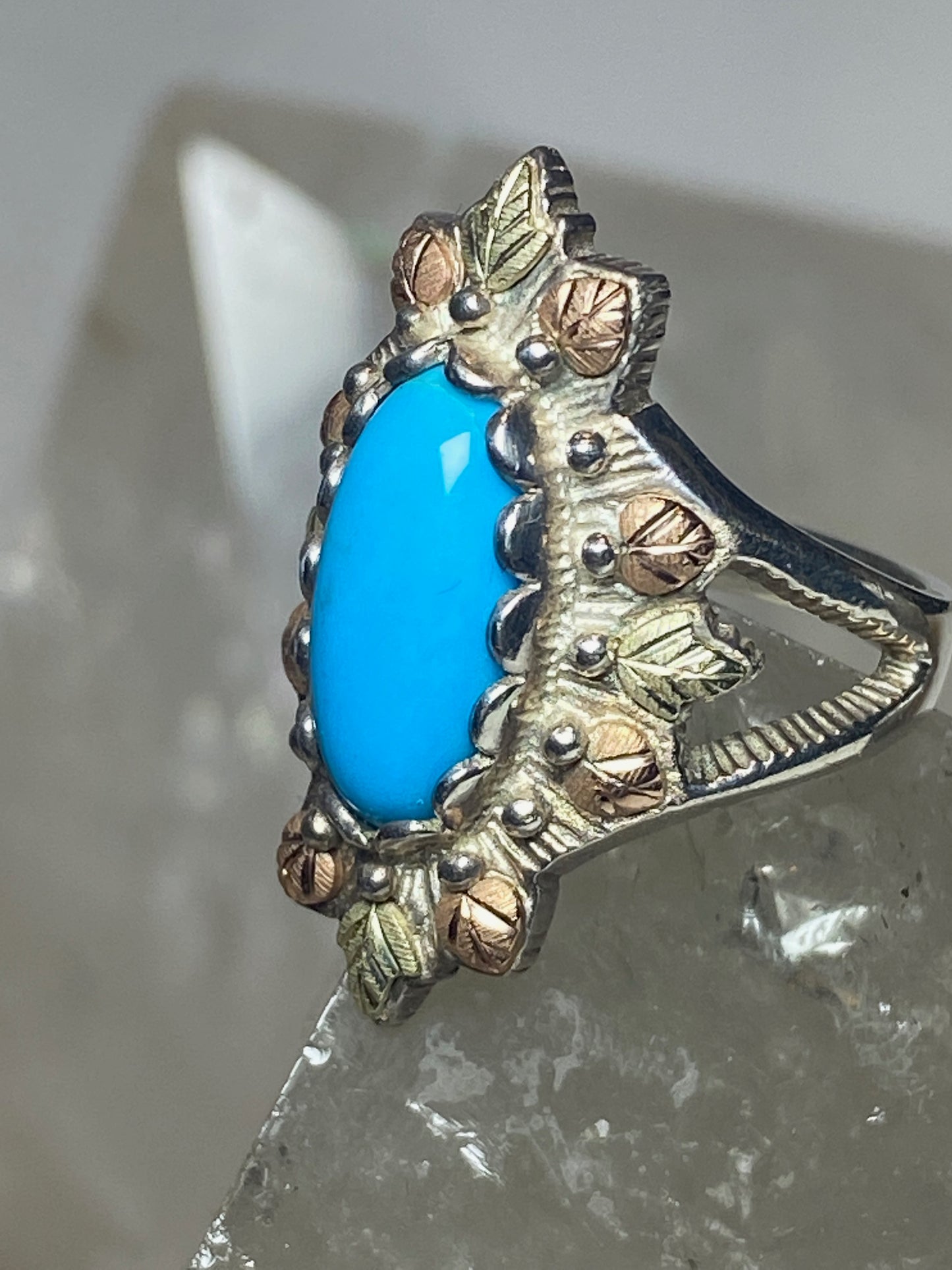 Black Hills Gold ring Size 5.75 turquoise leaves  sterling silver women girls