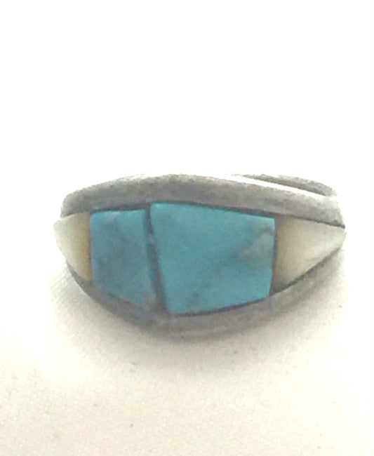 Vintage Sterling Silver Southwest Tribal Ring Band  Turquoise & MOP Band  Size 7.25  5.6g