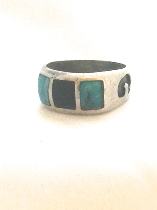 Vintage Sterling Silver Southwest Tribal Ring  Band Onyx & Turquoise   Size 9   7.7g