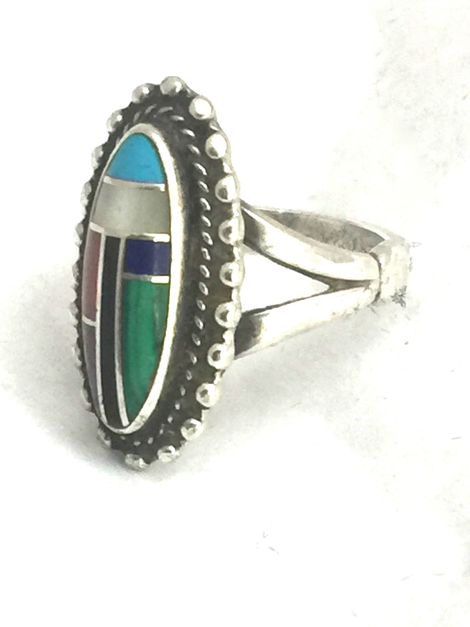 Vintage Sterling Silver Southwest Turquoise Inlay Tribal Ring  Turquoise & Coral & Onyx & Malachite &..  Size 6.5  7g