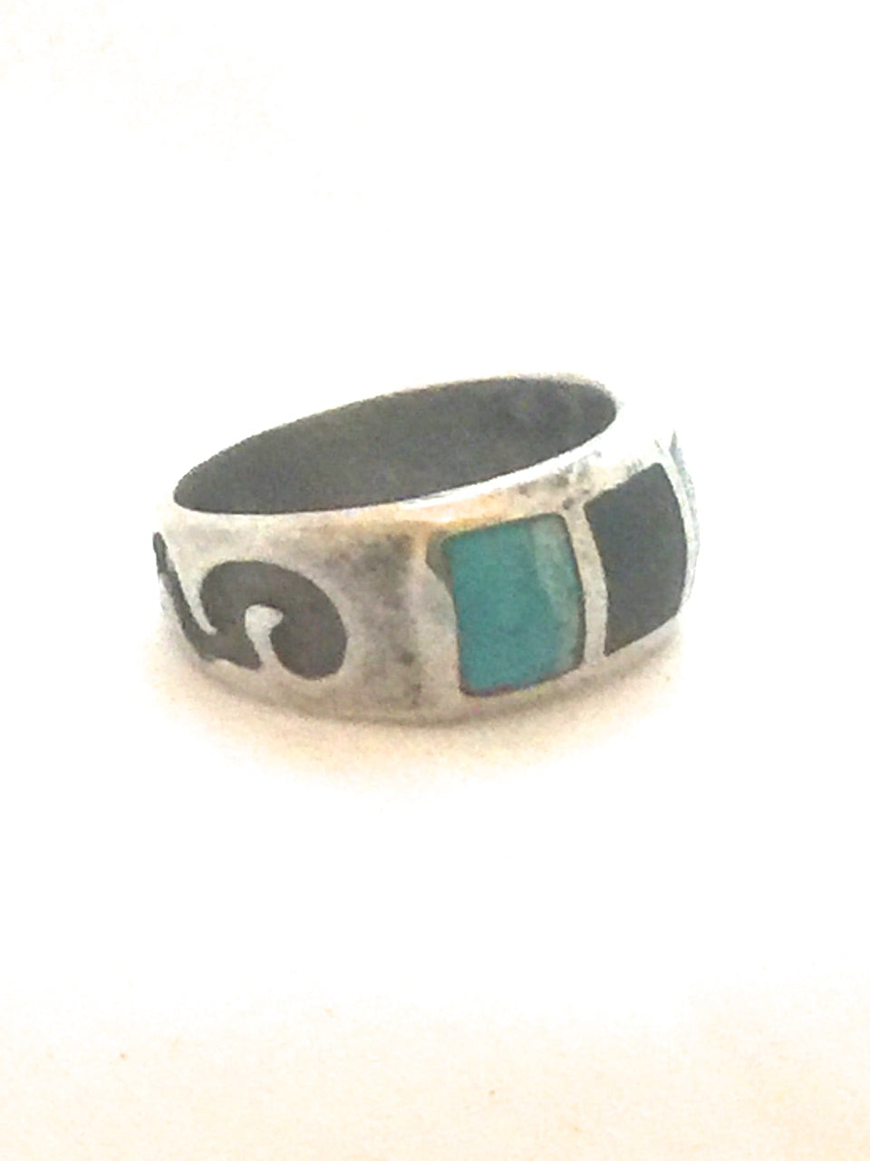 Vintage Sterling Silver Southwest Tribal Ring  Band Onyx & Turquoise   Size 9   7.7g