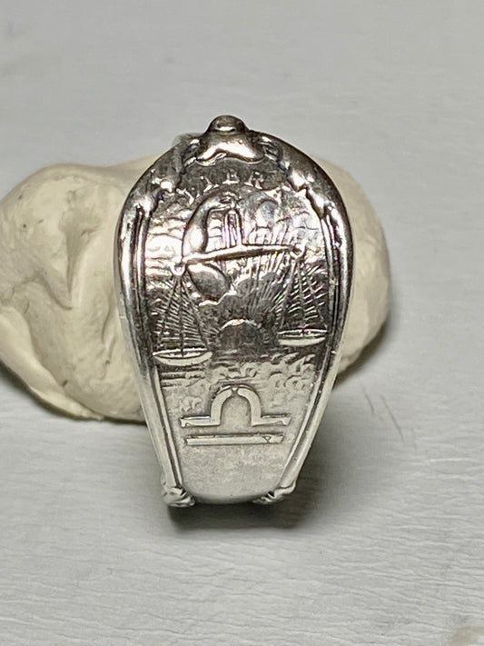 Spoon band Libra Scales of Justice Zodiac September October sterling silver ring