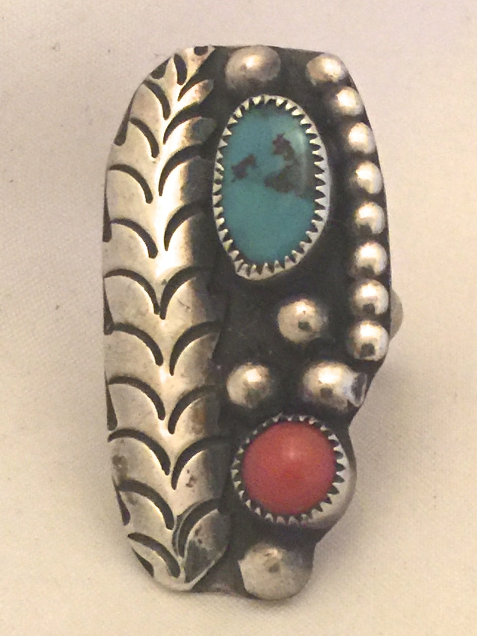 Navajo Sterling Long Silver Turquoise & Coral Ring W Feather Pinky Size 5 Weight 8g