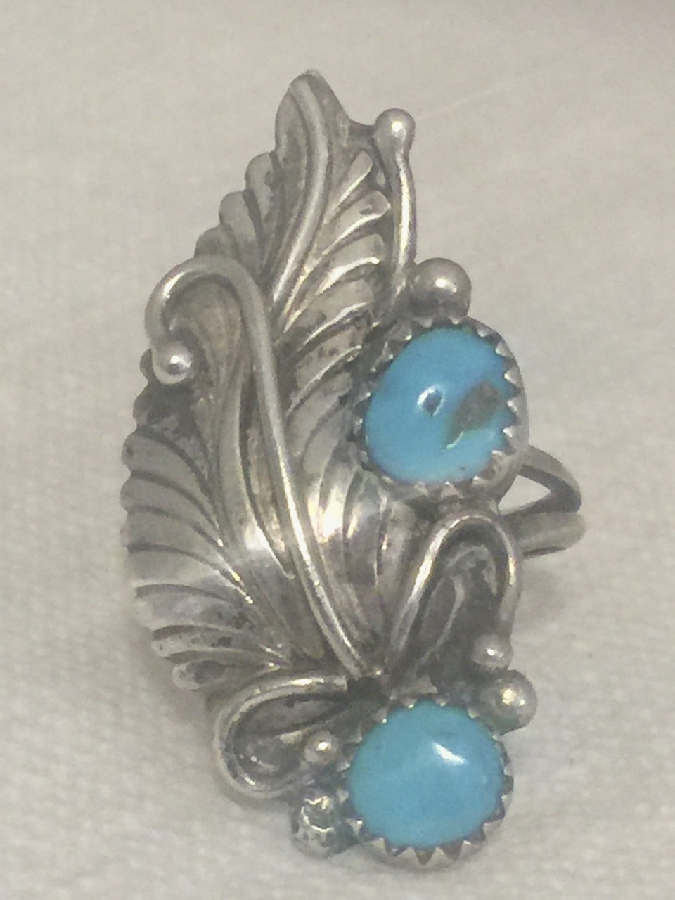 Vintage Sterling Silver Native American Navajo Turquoise Feather Ring  Size 6   4.4g