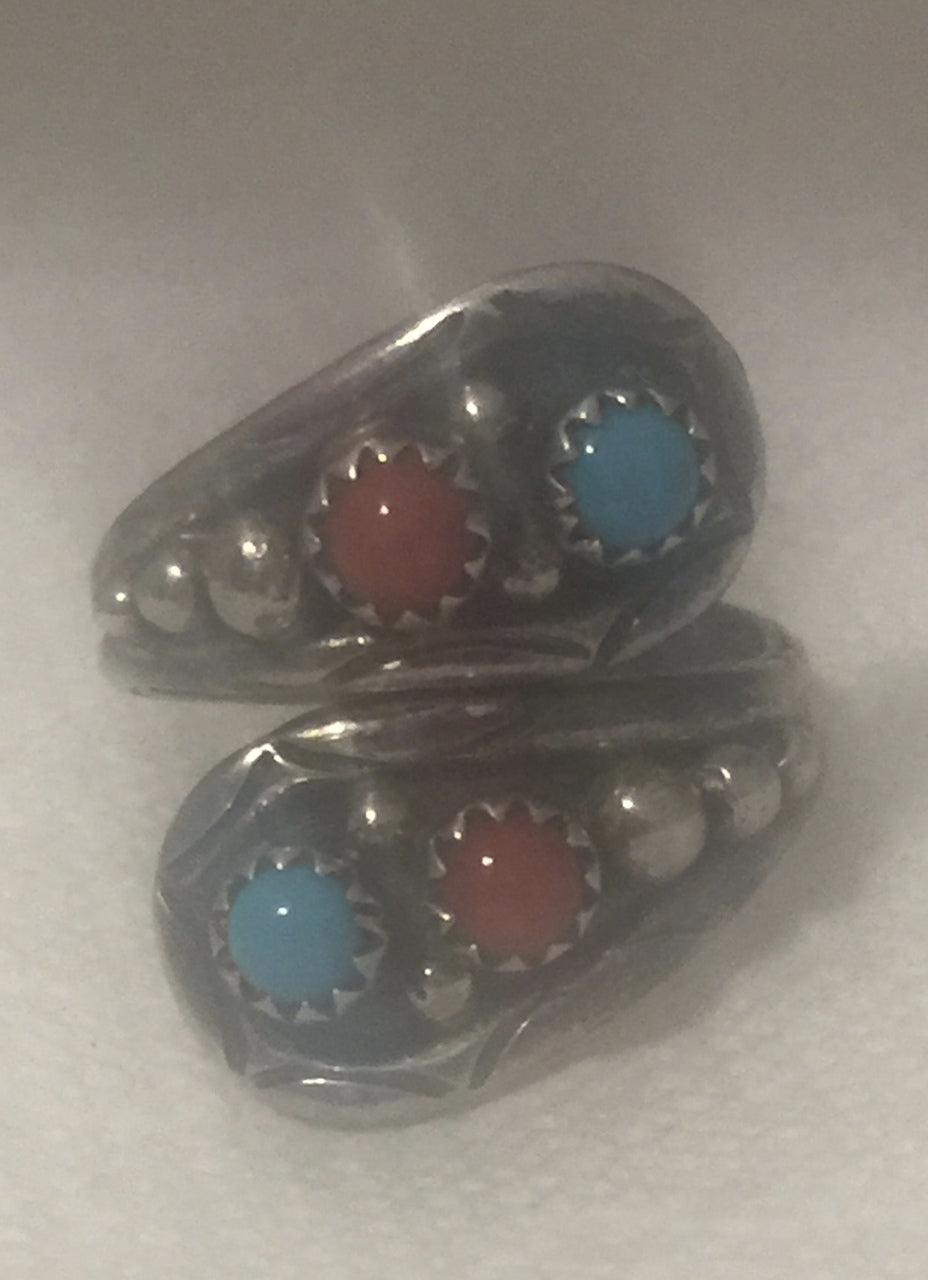 Navajo Turquoise Ring  Coral  Wrap Around Vintage Sterling Silver Ring Size  7