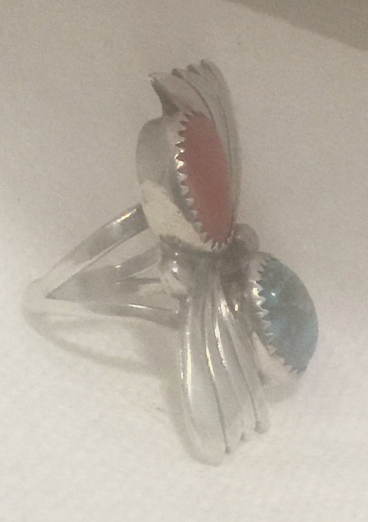 Vintage Sterling Silver Turquoise & Coral Ring Size 6.25    8.3g