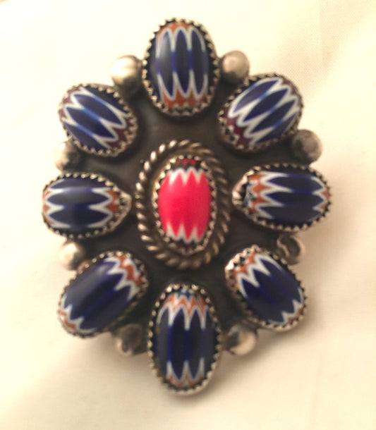 Vintage Sterling Silver Native American Tribal Ring  Chevron Beads  Size 10.5  18.8g