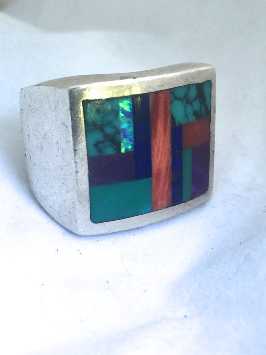 Vintage Sterling Silver Ring Southwestern Tribal Ring Turquoise & Spiny Oyster & Blue Lapis & Opal  Size 12.75  31.3g