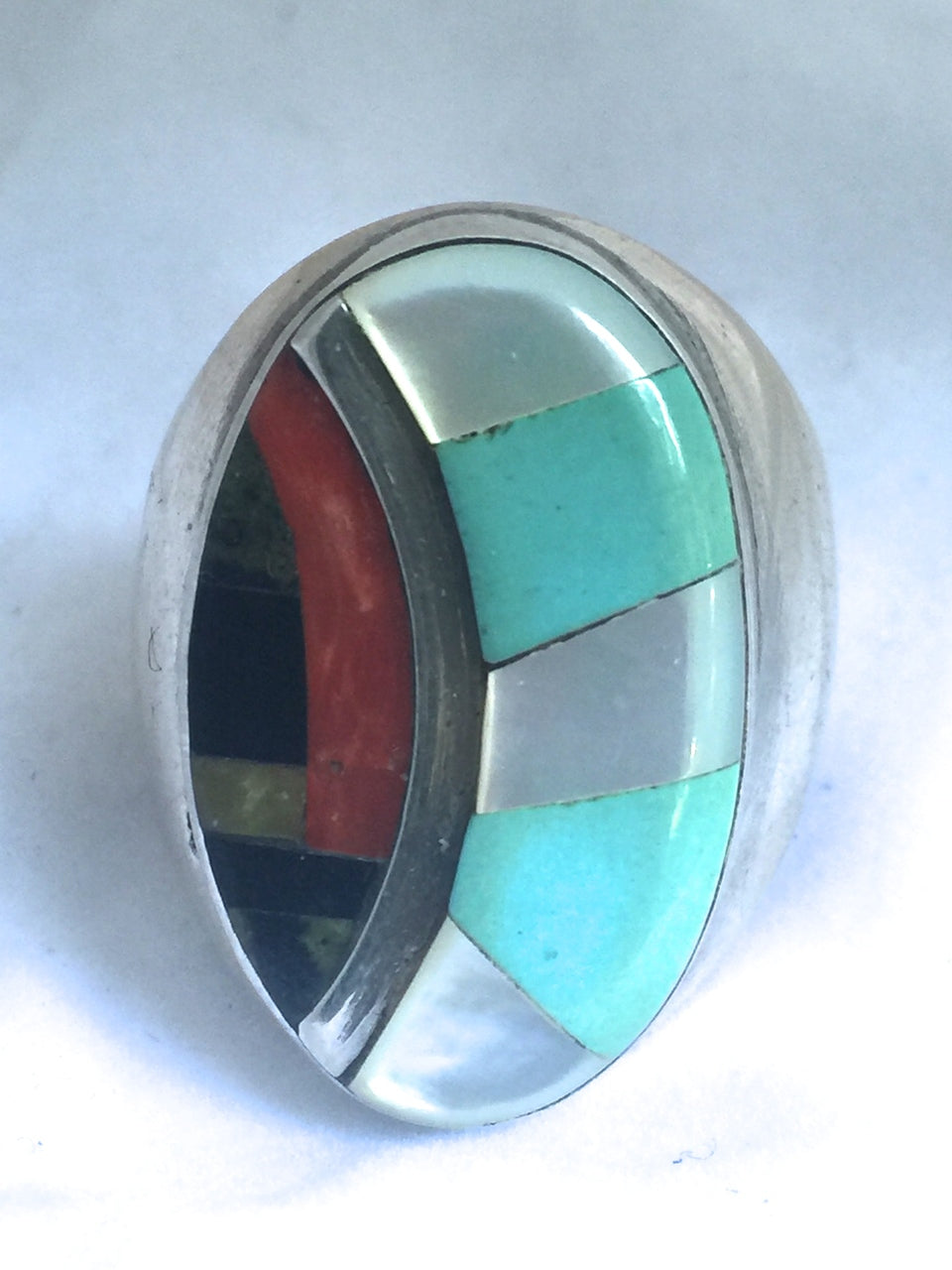 Vintage Sterling Silver Ring Southwestern Tribal  Turquoise & Onyx & MOP & Other Stones  Size 10.75   23.7g