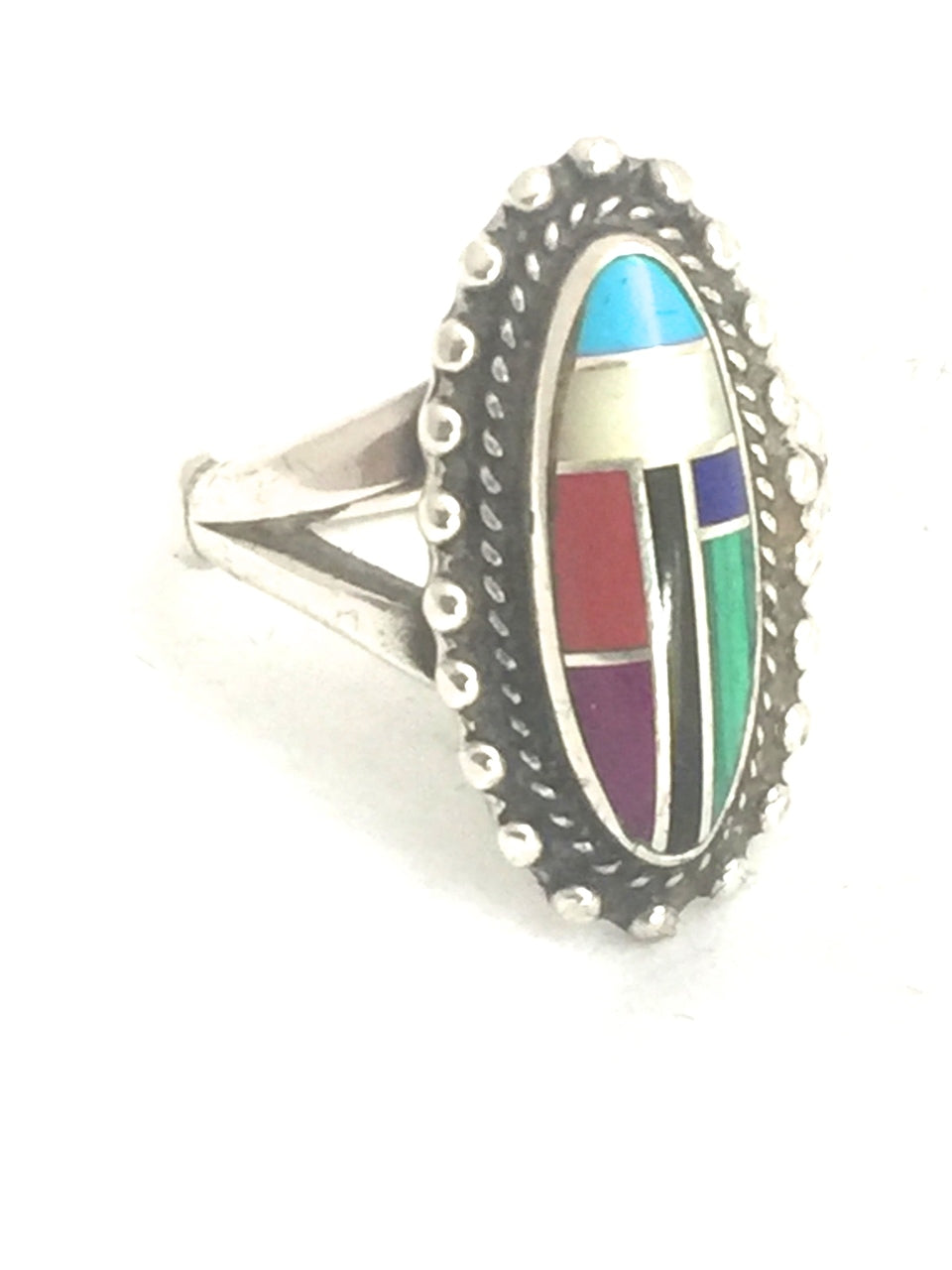 Vintage Sterling Silver Southwest Turquoise Inlay Tribal Ring  Turquoise & Coral & Onyx & Malachite &..  Size 6.5  7g