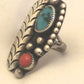 Navajo Sterling Long Silver Turquoise & Coral Ring W Feather Pinky Size 5 Weight 8g